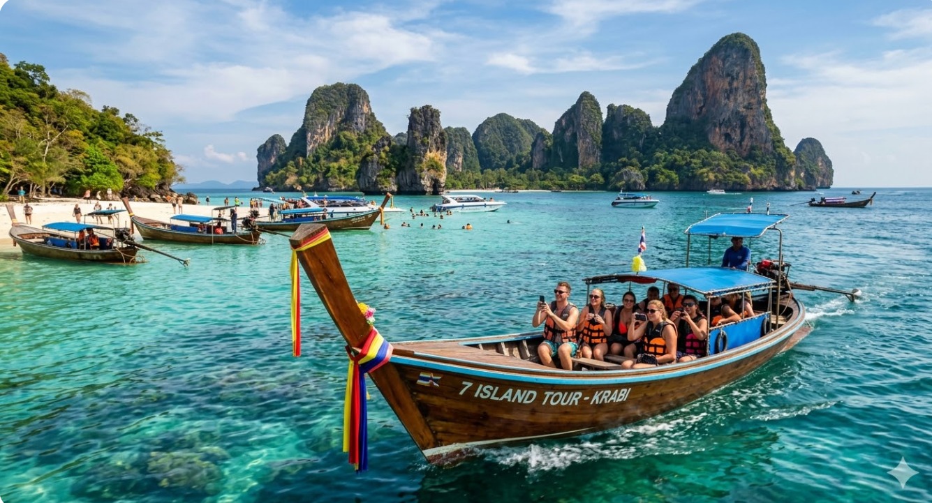 7 ISLAND TOUR BY LONG TAIL BOAT AND DINNER SHARING PICK UP AND DROP KRABI HOTEL